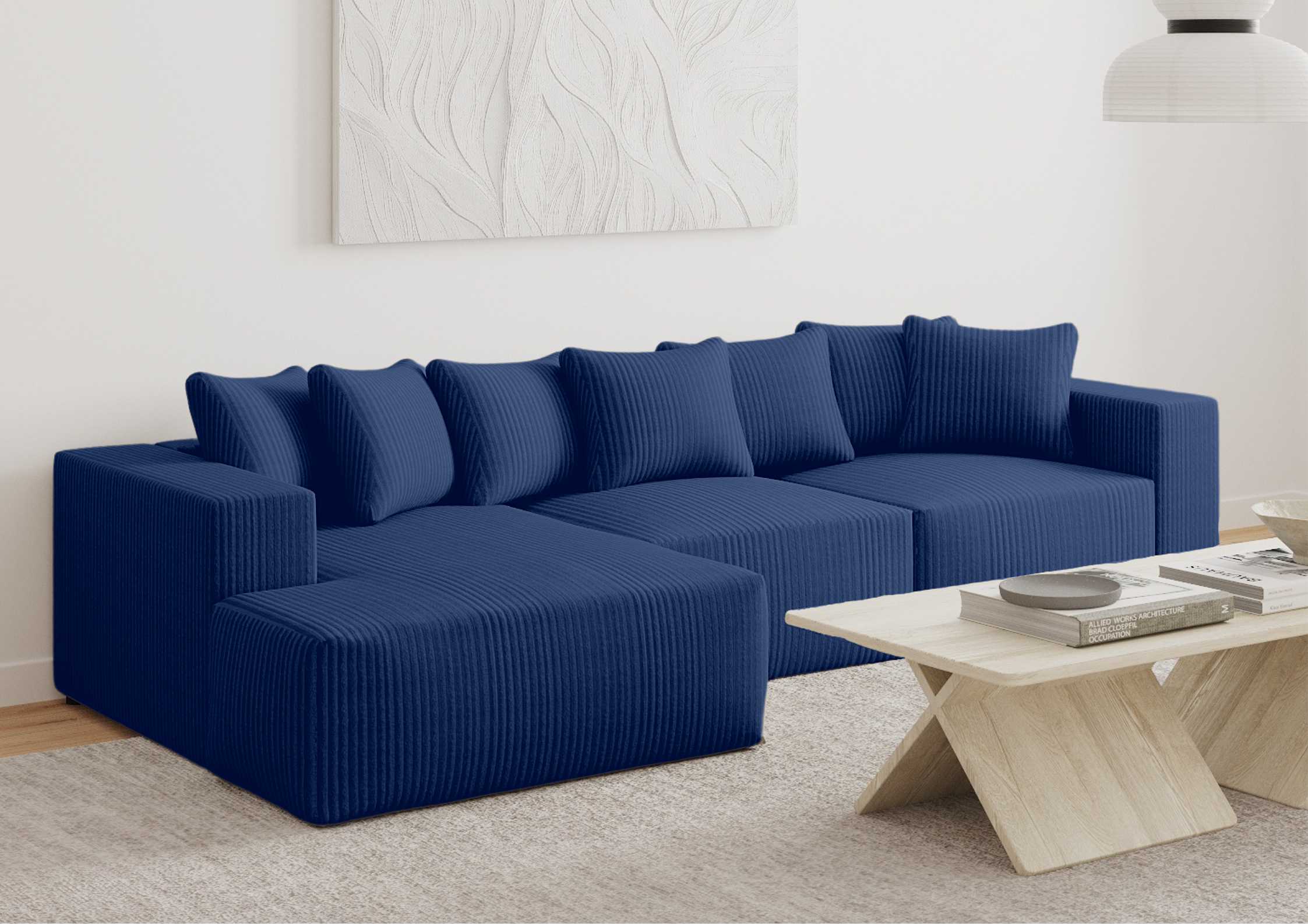 Lewy narożnik w sztruksie z funkcją spania Duży narożnik w stylu loft Kolor granatowy